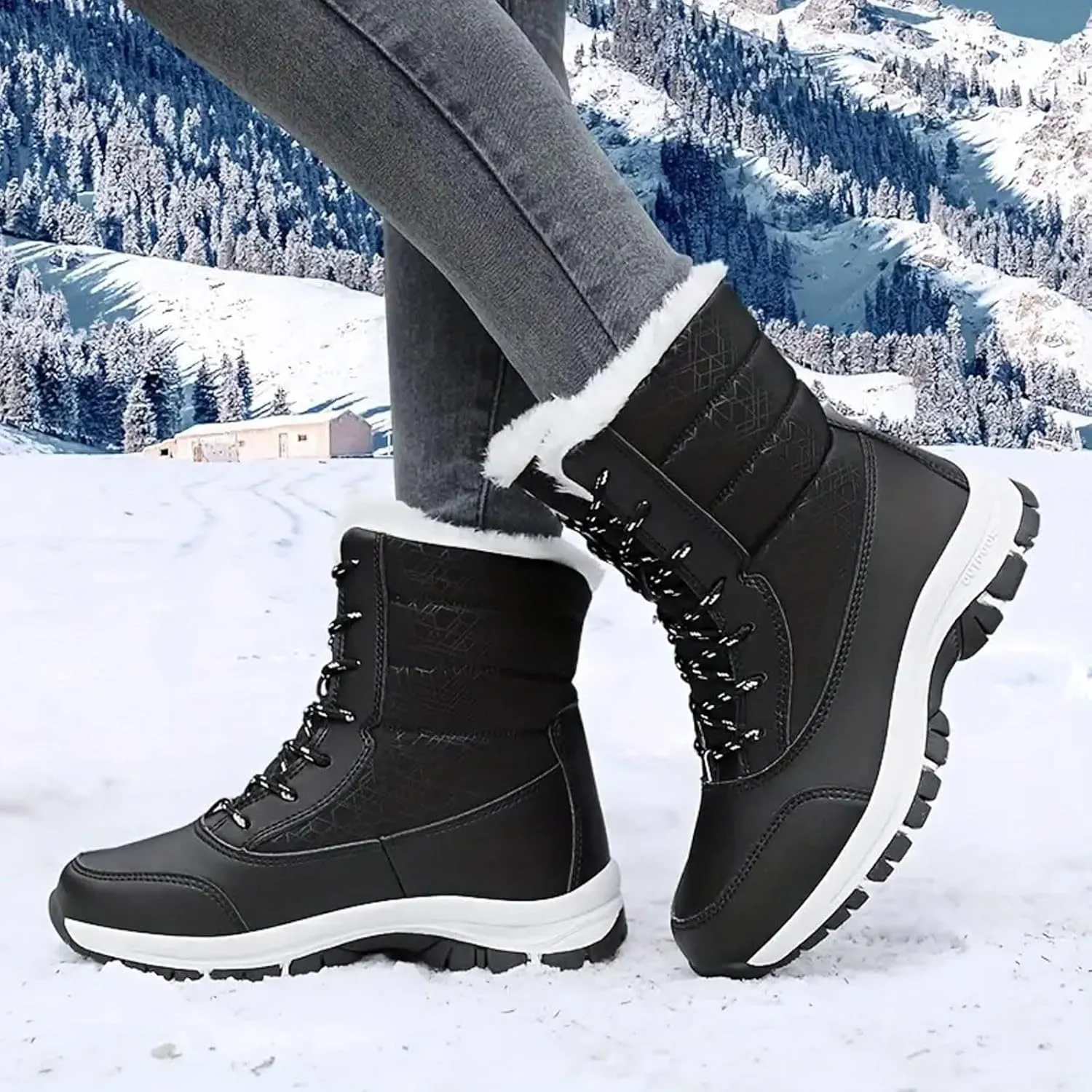 Winter Boots for Women Warm Fuzzy Fleece Walking Hiking Snow Boots Waterproof Shoes Mid Calf Lace Up