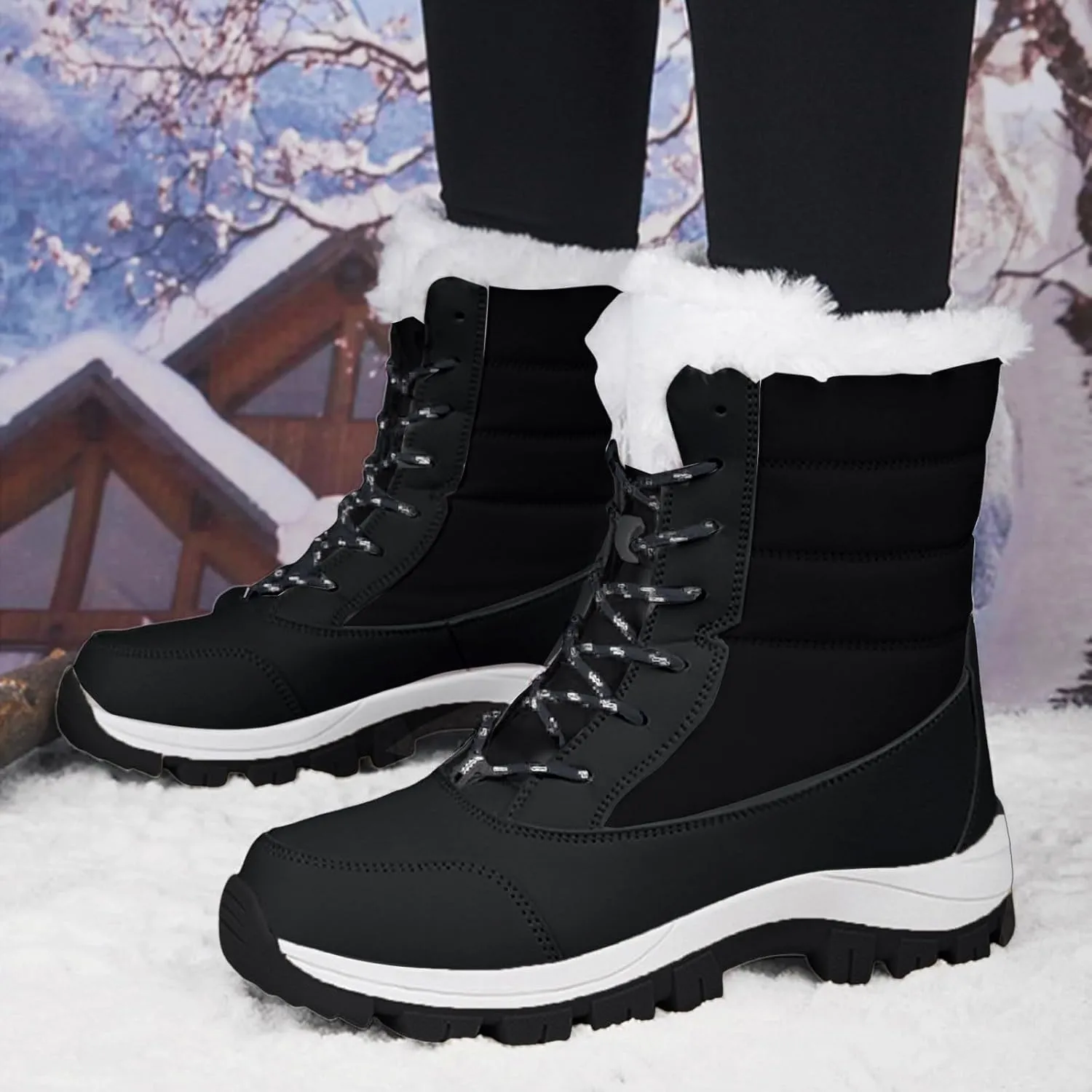 Winter Boots for Women Warm Fuzzy Fleece Walking Hiking Snow Boots Waterproof Shoes Mid Calf Lace Up