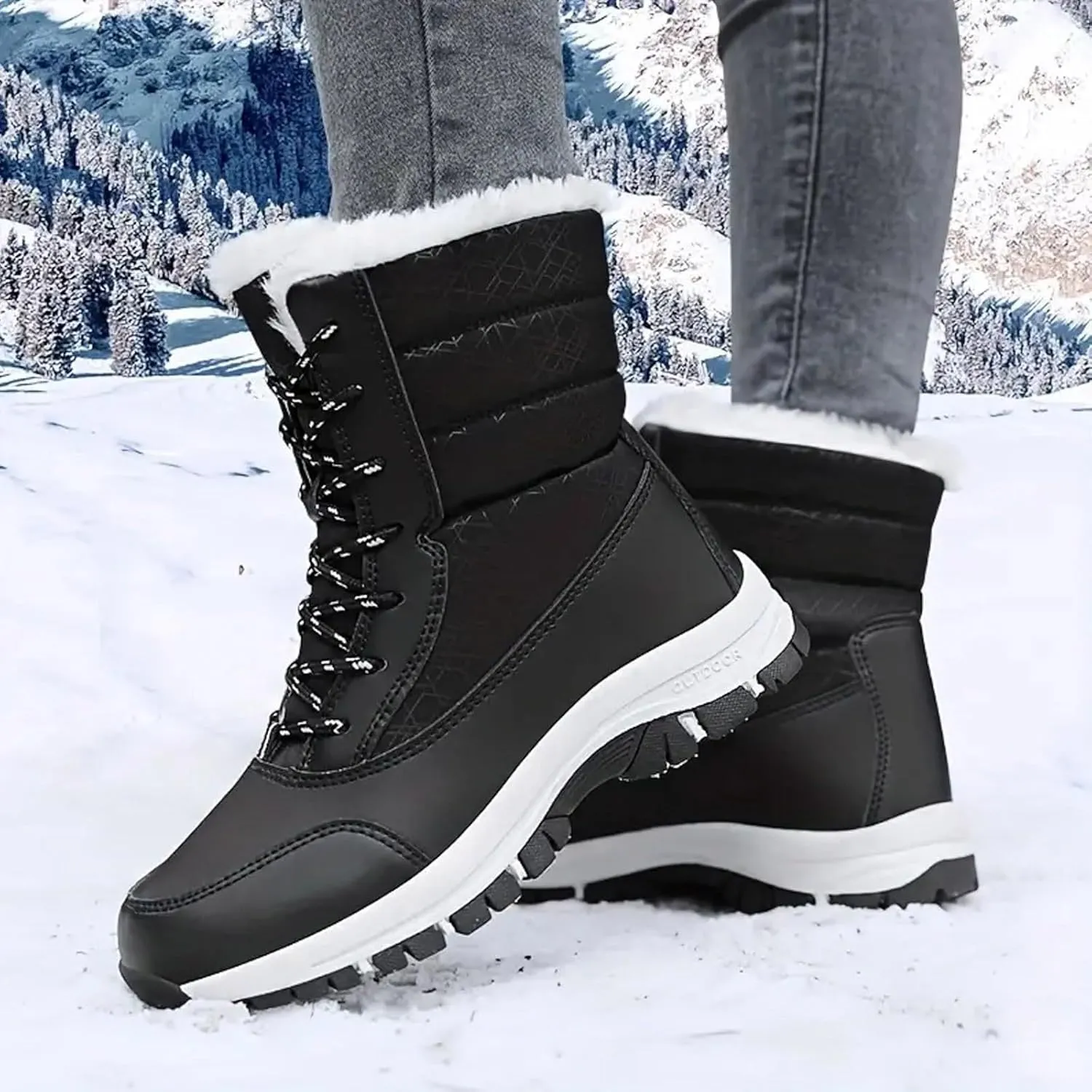 Winter Boots for Women Warm Fuzzy Fleece Walking Hiking Snow Boots Waterproof Shoes Mid Calf Lace Up