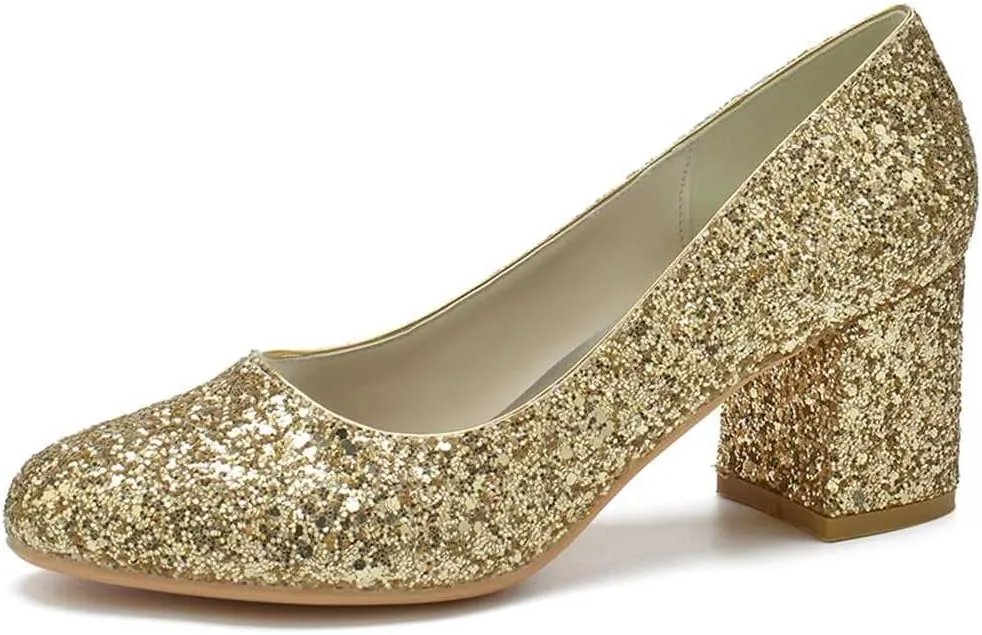 Women Comfortable Mid Heel Sparkling Closed Toe Dress Pumps Round Head Sequins Wedding Evening Party Shoes