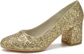 Women Comfortable Mid Heel Sparkling Closed Toe Dress Pumps Round Head Sequins Wedding Evening Party Shoes